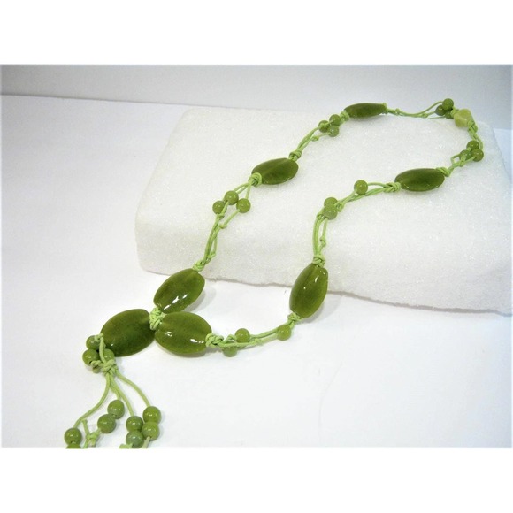 Agate and Glass Beaded Hand-Corded long Tassel Style Drop Necklace 24 inch - Picture 4 of 4